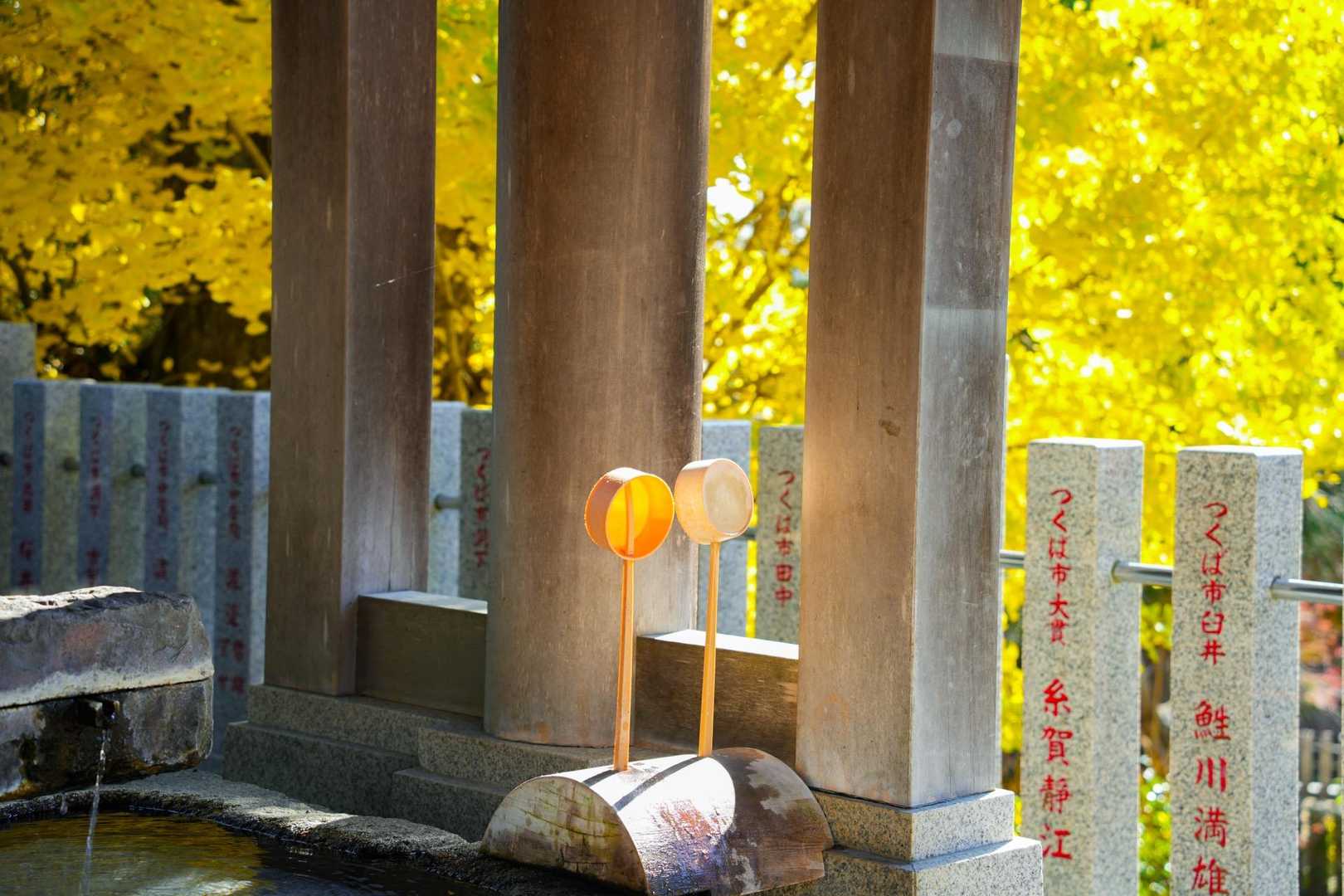 神社の柄杓も秋を表してる