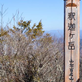 釈迦ヶ岳

山梨県笛吹市にある釈迦ヶ岳（標高1,641 m）は御坂山地北部の山で、山梨百名山に選定されています。鋭い三角形の山容と360°の展望が特徴で、富士山や八ヶ岳、南アルプスなどが望めます。山名は急峻さを意味する「嵯峨（さが）」が転じたという説や、古くから信仰の対象とされたという背景もあり、山頂には小さな石仏が祀られることもあります。