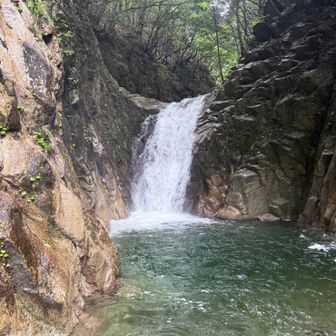 入口の魚止滝7m…んー、やっぱボチボチ増水気味かな？釜の色も前来たときと全然違うし…まぁ行けない程の水量ではないと判断し、ここ登っていきます。