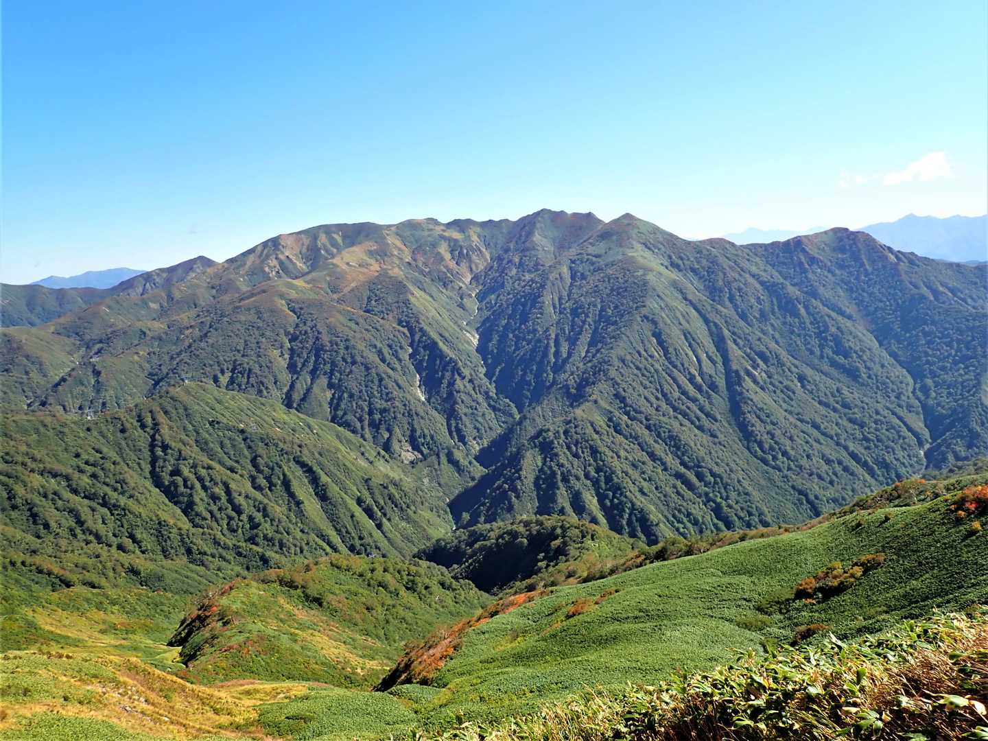 早朝に歩いた白毛門ー笠ヶ岳ー朝日岳のでっかい山容！