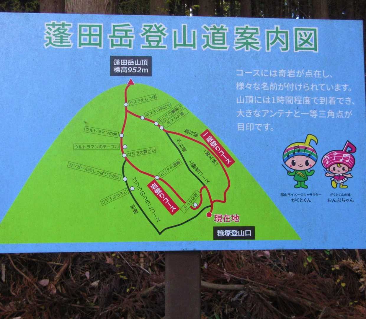 
登山道案内図には四つのコースが記されていますが、左端の「ゴジラのうろこコース」は現在では無くなっています。一時テープが貼られて隠されていたのですが、誰かが剥がしたようです。
今日は右から順番に歩いて、最後に 4番目のルートを探索してみます。