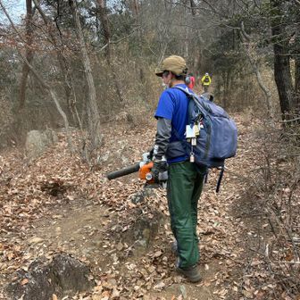 登山道がわかるようブロアーで落ち葉掃除

遠くから砂埃が舞い上がってるのわかるくらい凄まじい😵
おかげさまで登山道クッキリ✨