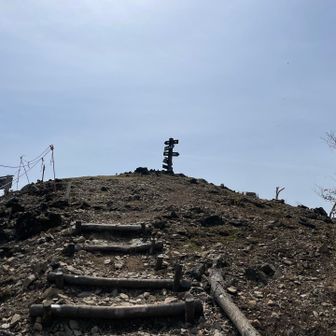 空に駆け上がるかのような木段の先に頂上が見えた。頂上周辺は雑木が伐採されて360°パノラマが回復、20年前の眺望がよみがえっている。