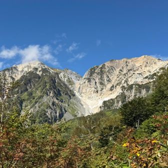 杓子と白馬鑓、青空に白い山肌が眩しい。