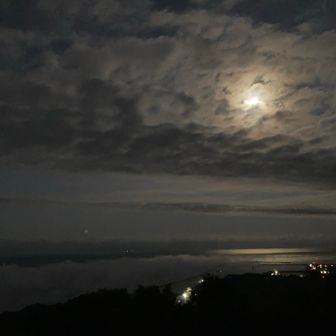 深い闇に沈んだ世界に目が慣れはじめると、月明かりに浮かぶ川内川が静かに姿を現す。
その先には、雲海が海へと流れゆく幻想の光景が広がっていた。

（わかりますか？残念ながら写真じゃ伝わりにくい😅）