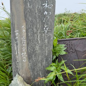 和賀岳山頂です✨360度の景観はガスで見えません😅
「岩根にカモシカ　笹藪に熊　谷間に猿も遊んでいます」と記されているそうです