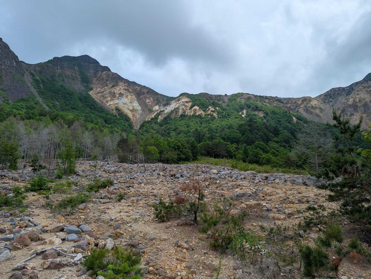 樹林帯に入る前に、火口壁を振り返る🌋