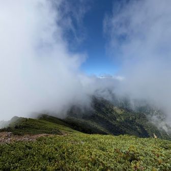 さっきまで見えてた爺ヶ岳が〜