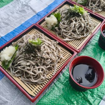 今日はザルそばにしてみた👍盛り付けは相方におまかせ😊朝から準備した相方に感謝🙏
