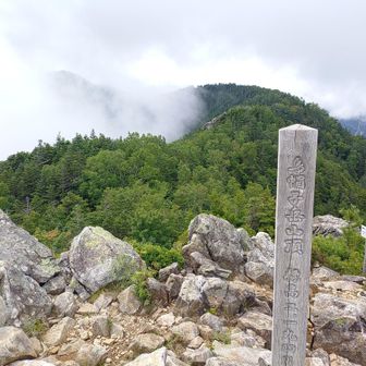 下山途中の烏帽子岳から念丈岳を振り返る⋯

『んん〜⋯やっぱり奥念丈岳まで行けば良かったかな』などと少々後悔していると、遠くから雷の音がゴロゴロと響いてきました😅