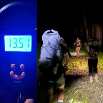 大井沢登山口を、暗闇スタート▶️

スタート時のザック重量
・Shin5    → 11.7 
・ニョブ   →   9.88  
・し   ん    → 10.2 (うち水と酒と肉で3.2)
・みんみん→13.51+水1+カメラバッグ！？
＝15オーバーで優勝🏆✨スピードハイクって言ってたのに〜😂💦