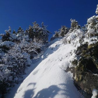 問題の大山直下の鎖場、雪で真っ白、雪の下は完全に凍結(ツルツルガチガチ)しているのでチェンスパでは苦労した