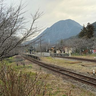 採銅所駅は桜の名所。その奥には竜ケ鼻。
