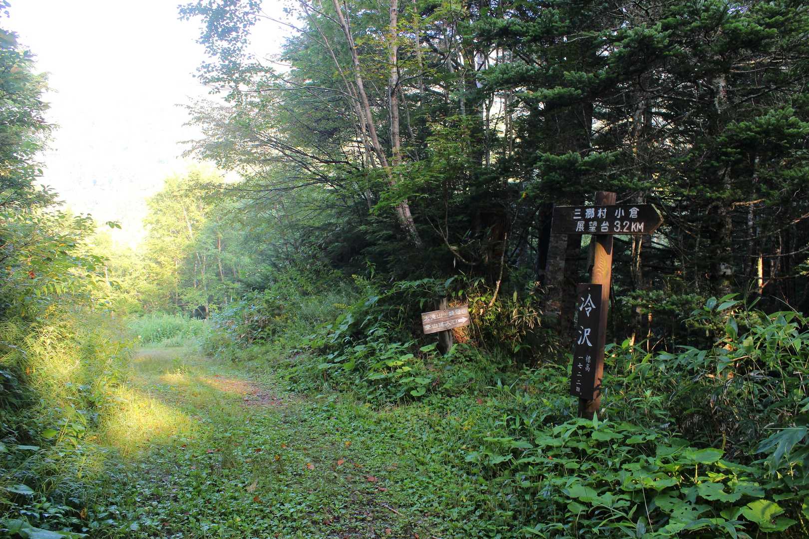 駐車場から林道を歩くこと3.5km、1時間半ほどかかって実質的な登山口となる冷沢に到着です。島々谷林道の名の通り、林道はここで峠を越えて冷沢から島々谷方面へと下って行きますが、地形図の通り旧安曇村島々から登って来る島々谷(島々)林道とは3km余りの未開通区間があり、しばらく先で行き止まりとなっています。あちらの林道もちょっと面白いんですが…(笑)。