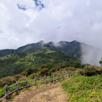丸山からの眺望。ガスが一瞬引いたタイミングで📷
