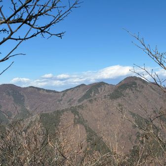 北側に大峯山（右）と大道山（左）。真ん中奥のちょこんと見える濃い緑の頂きはオコウ山のようです。オコウ山は旧傍陽村にあり旧上塩尻村には接していないのですが、長野県町村誌の上塩尻村の欄には入会権があるとして上塩尻村の山として雄鴻山（オコウ山）が掲載されています。虚空蔵山から見える山なので入会権があったのでしょう🤔他に東太郎山や大松山などいくつかの山に入会権があると記されています。