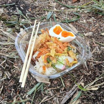 今日は冷やしおろしきしめん天ぷらと玉子乗せ　本当はハムとカニかまもあったんだけど大源太山で食べてしまった！