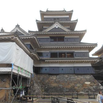 天守から一気に下城、戻りの階段は超恐怖😱、下に着いて、ホッ🗣️．
白い部分は、改修中の月見櫓🌔．