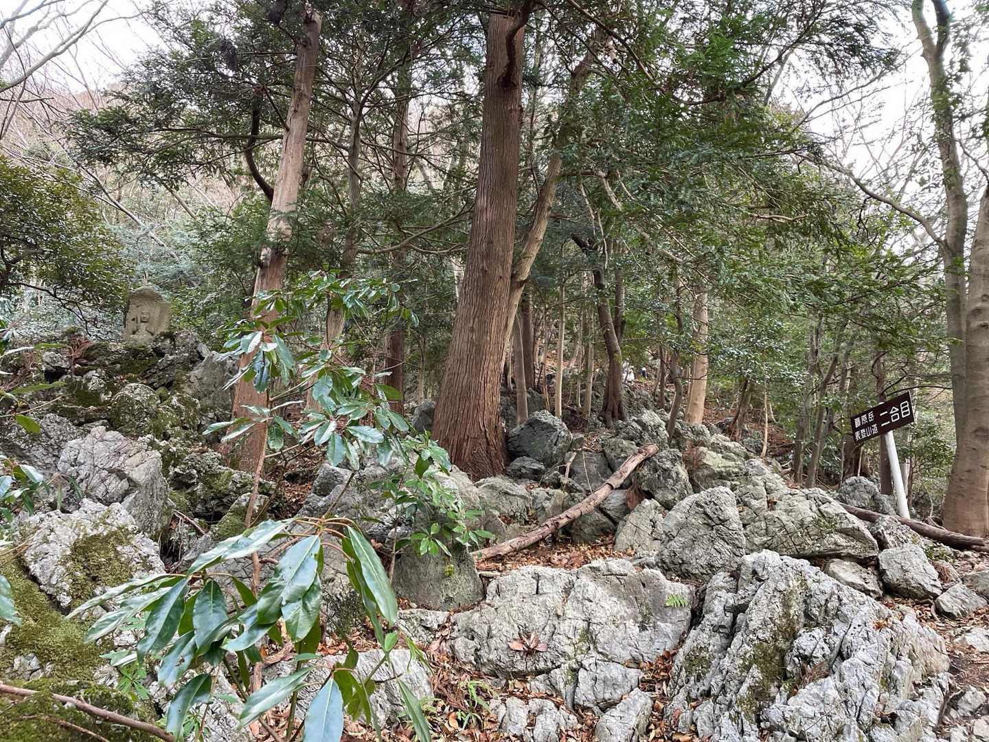 ２合目には巨岩の上に不動明王が祀られています（写真左）上りでは気が付かなかったけど、オジ様に教えて頂きました！