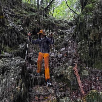 
【小普賢岳】辺りから、あと300mほどで今回の目指すてっぺん【大普賢岳】…って感じの、しっかり雨が降りだしたシーン

振り向き「大丈夫か？」🧔‍♂️
「うん、すごい雨降って来たねー」👩‍🦱

俺…大雨の中の登山 むしろ好き
どんなに岩場とか滑りそうでも怖いもん無し👍

けどさ
みんな俺と一緒とはちゃうわ💦 ってハッとした
やめとこ‼️
あとちょいやけど怪我させたらアカン
ココまでの引き返しコースも雨で危ないし

「やめよ！無理に頂上目指す意味ない！引き返すわ」🧔‍♂️

お友だちはピークがどうの…で無く自然の中歩くんが好きなんやし
俺はもう何回も周回コースで大普賢岳も通ってるし
なんも頑張らんでいい

…ってコトで、ここまで来たけど引き返した
戻りながら、「うん！これで良かった‼️」って思えた

1人やったら 土砂降りでもるんるんで歩くけど
…撤退したんは今回が初めてや
