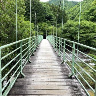 目の前のこの橋渡ります。かなり頑丈ですので高所恐怖症の方でも安心してください。