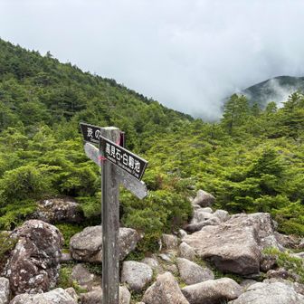 ゴロゴロ岩の歩きにくい道を登り、地蔵仏でようやく眺望が広がります。