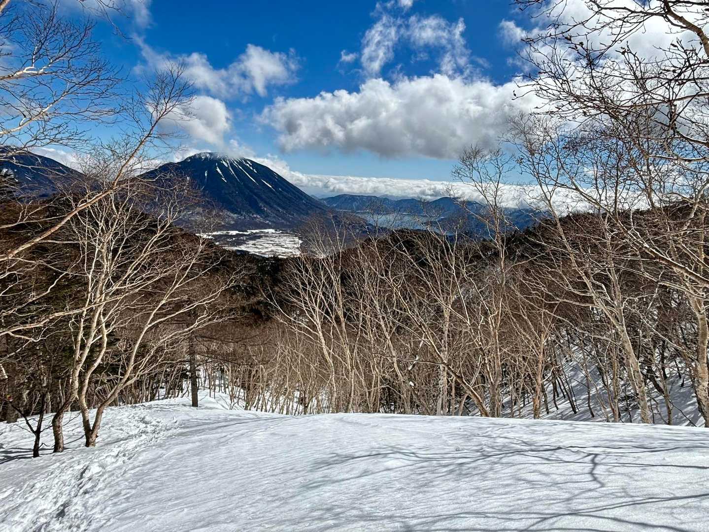 しばらく歩くと明るくきれいな雪の森。
ワォ〜後ろを振り向くと男体山、中禅寺湖見えてきてテンションあがる。
