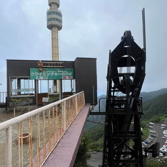 展望室がゆっくりくるくる回転しながら登っていくパノラマタワーとクライミングカーの駅