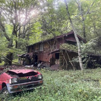 湯ノ沢峠から林道を降りてきたところに、廃屋と廃車が。