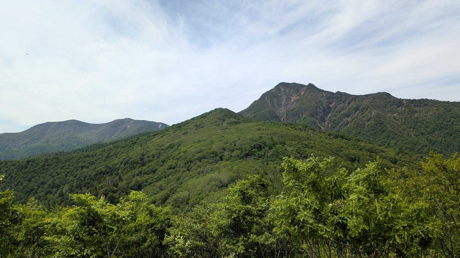大白森山へ向かう途中にて
正面にさっきまで居た甲子山、右に旭岳、左に三本槍岳を一望