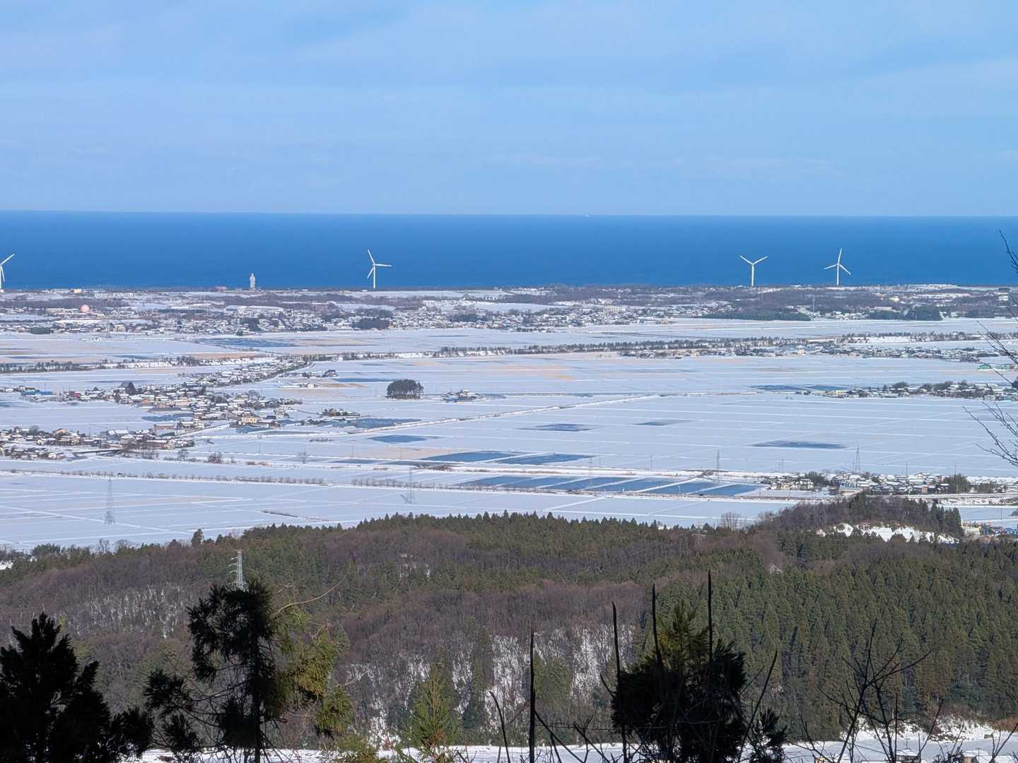 振り向くと風力発電の風車の向こうに青い日本海と空