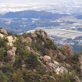 さっきまでいた後天狗岩👺だよな。すごい岩々や。その奥にJRA栗東トレーニングセンター🏇