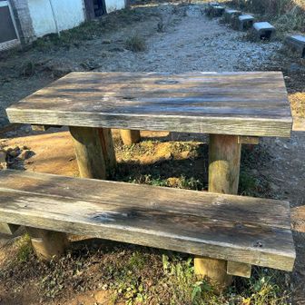 山小屋前はかろうじて日が照っていたので休憩
けど椅子には座れない