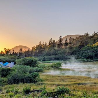 はみがきに外出たらちょうど夕焼け。池から湯気が♨️
