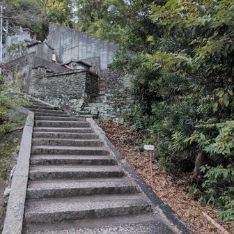 高皇神社側の登山口。正行寺横の階段を登って、お墓の前を通過。
杖が置いてある。たぶん高皇神社前で回収？
