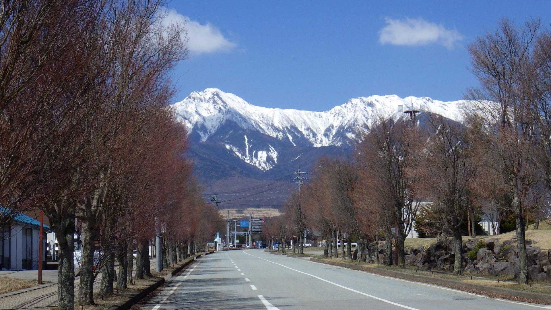 まっすぐな道の先にはまだまだ白い八ヶ岳