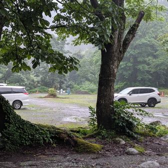 キャンプ場に到着！
車は３台で、皆さん、切合小屋に泊まられた方々です。