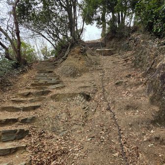 多峯主山山頂直下のきつい階段と鎖場。