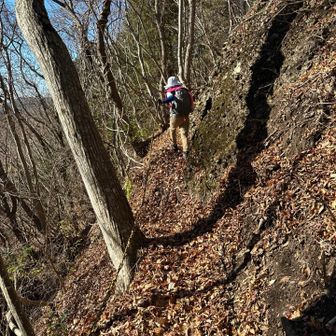 岩壁に貼り付いた細い土の道。いきなりズズッと崩れるんじゃないでしょうね😨こういう場所で、妻は元気になるような😅