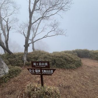 雨ヶ岳登頂　
何も見えない　強風で寒い