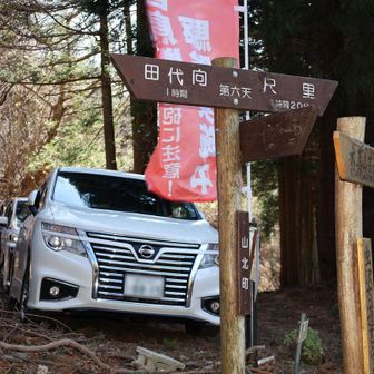 尺里峠は中間点。ここまで狭い林道を車で上がれます。整備された駐車場はありませんが、６台くらい停められるスペースがあります。