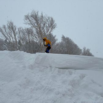 トラバース気味に雪壁を登り、最後のギャップは階段にしました。