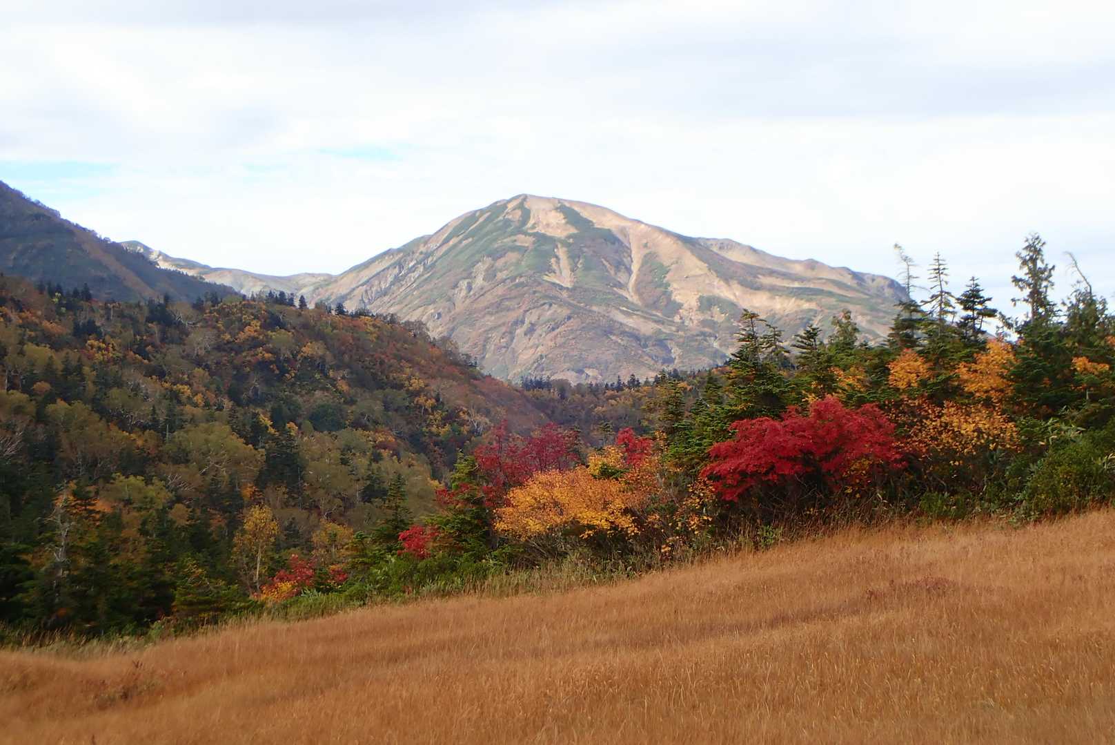 雪倉岳を紅葉が彩る。