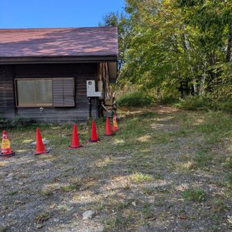 善五郎の滝へは小屋の右側の森へ。