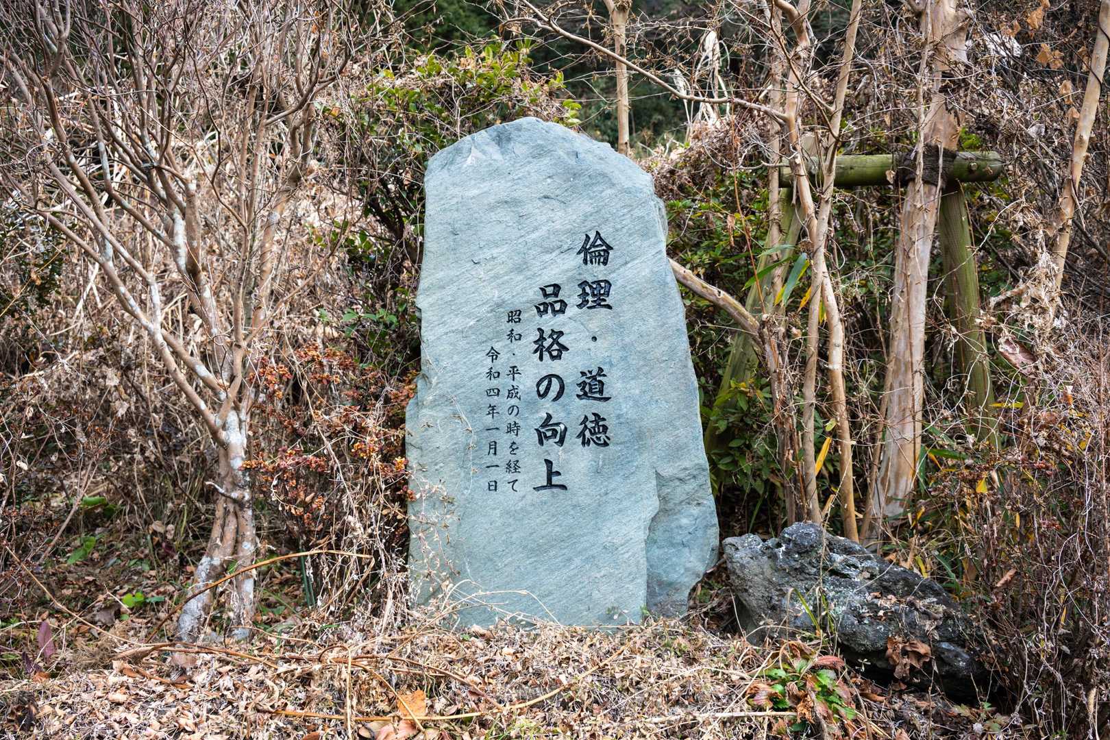 登山口を入ってすぐのところで出会った石碑。なるほど。これも何かのご縁なので、これを私の2025年の抱負とする。