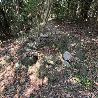 金山跡で見て覚えた。炭竈跡？登山道のセンターにありました。