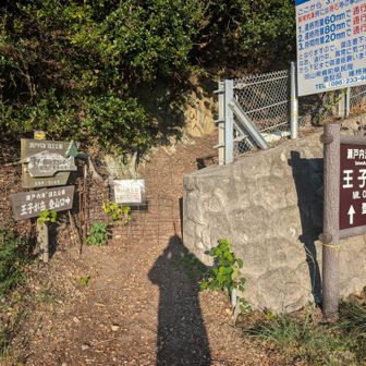 登山口はこちら。イノシシ対策のため、柵があり開けたら閉めるようにと書いてありましたが、それなりに重くて、構造もよくわからないので悪戦苦闘
「王子が岳」なのか「王子ケ岳」なのか問題発生！