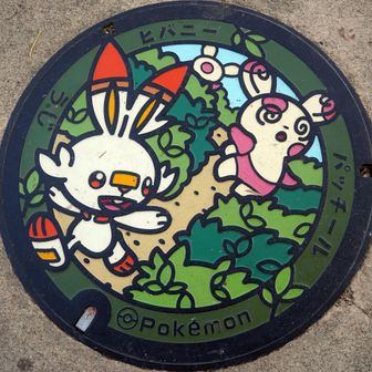 朝霧橋東側にある
「ヒバニー＆パッチール」ポケふた