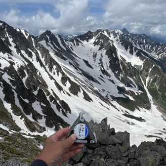 そして、広い山頂の1番北の端まで来ると岳沢とは反対側の涸沢カールが見下ろせます！　この時期に前穂の山頂まで来た者だけが見れる残雪の絶景です🤩　紅葉の時期にはこのカールに1000張りものテントが並び、夜は色とりどりのテントの灯りが絶景らしいですね⁉️（いつか見にこようっと！😁）
右下には営業が始まっている涸沢小屋（上）と涸沢ヒュッテ（下）の赤い屋根が写っています。

カールを取り囲むのは左から奥穂、涸沢岳、北穂、そしてこの前穂の北ア南部の3000m峰のオールスターです🏔️  北穂の向こうには存在感抜群の槍様も⛰️  なお、前穂までならチェンスパも必要ありませんが奥穂へ向かうなら吊り尾根にはまだ雪渓が沢山残っているのでアイゼン、ピッケルは必須です⛄️

そして、この景色をおかずに🍙タイムです😋