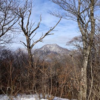 山頂から大東岳を望み、新調したワカンをテスト、調子いい